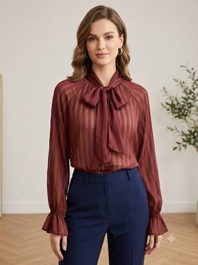 Zara Burgundy Sheer Bow-Tie Blouse